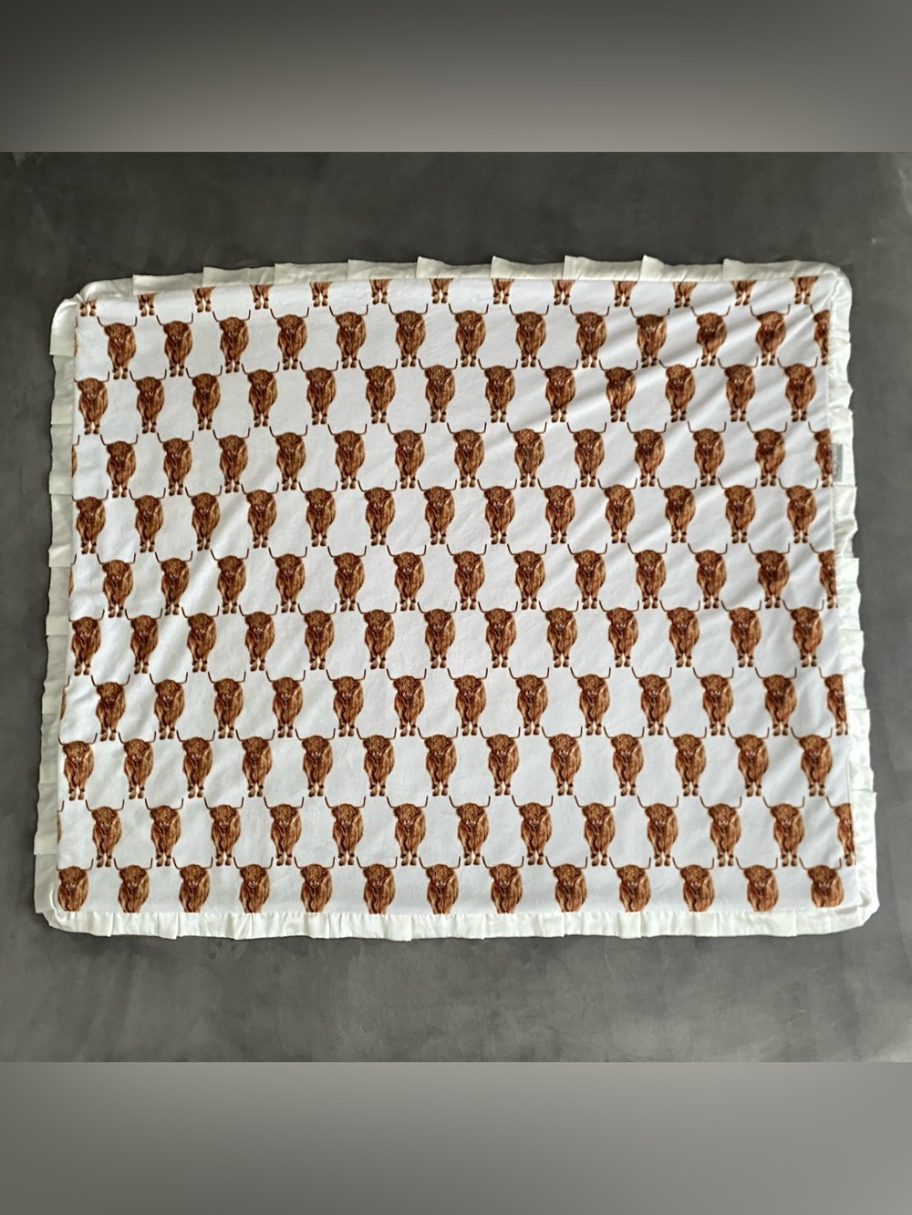 Minky Couture Highland Cow Adult Size Plush Blanket With Satin Ruffles 50”x60”